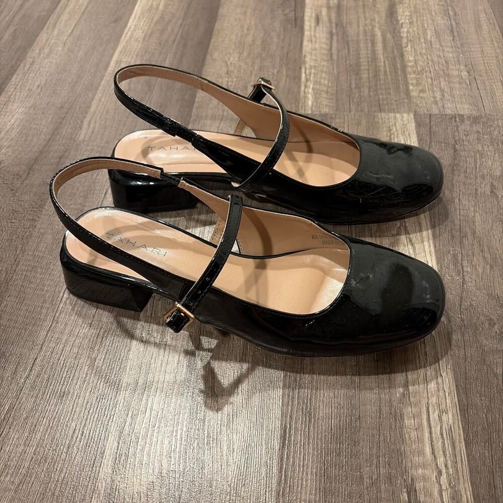 Black Patent Leather Tahari Slingback Mary Jane Heels